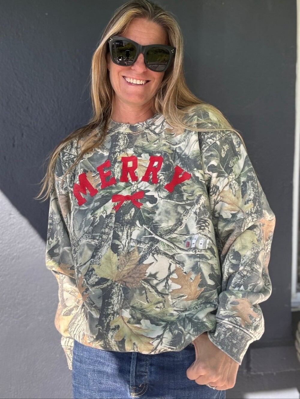 Cotton Collective Merry Camo Bow Oversized Christmas Crewneck Sweatshirt L